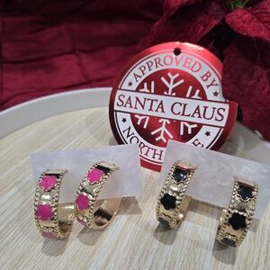 Gold and Pink/Black Hoop Earrings